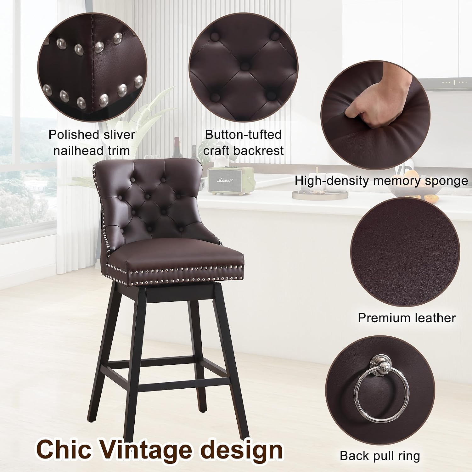 Brown Swivel Tufted Counter Bar Stools Set of 4
