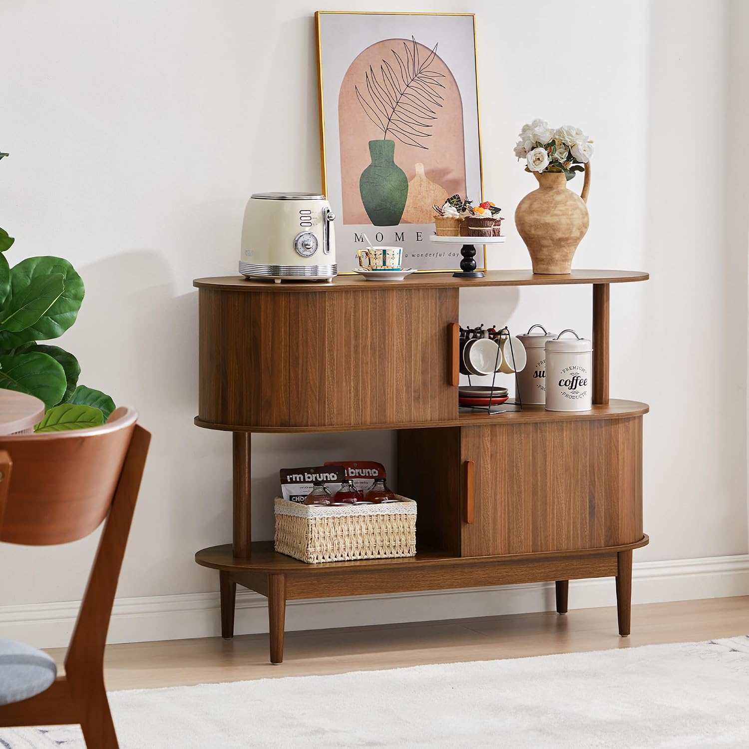 Walnut Oval Sliding Door Sideboard