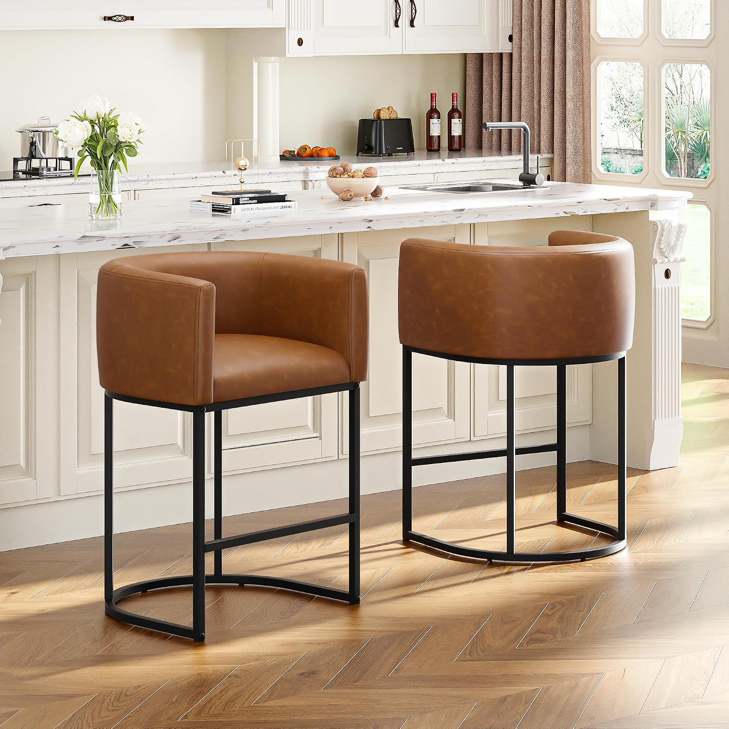 Walnut Brown Arm Counter Bar Stools Set of 2
