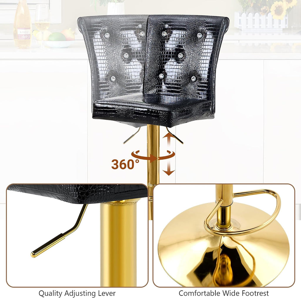 Black Adjustable Gold Leg Bar Stools Set 2