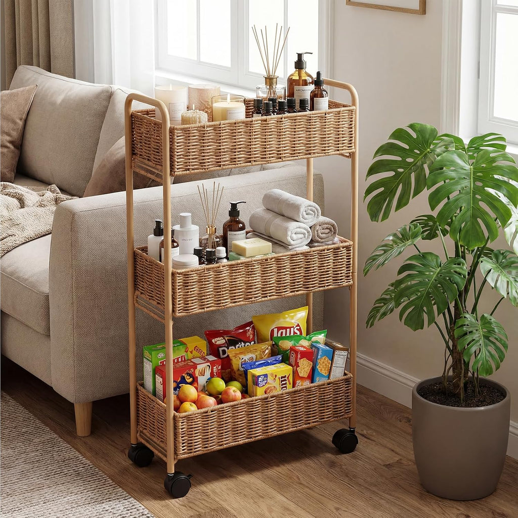 Natural 3-Tier Slim Rolling Storage Cart