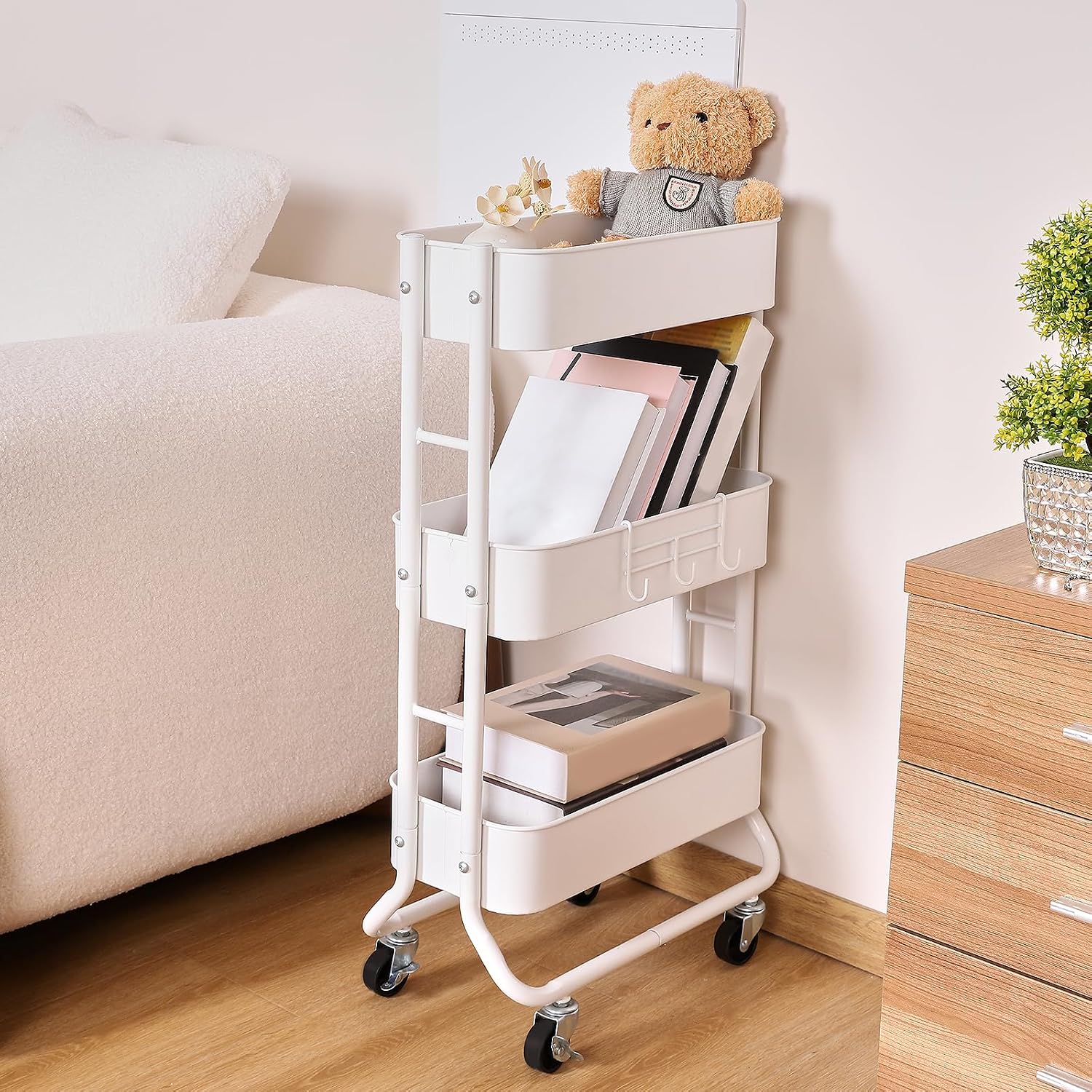 White 3-Tier Slim Rolling Cart with Hooks