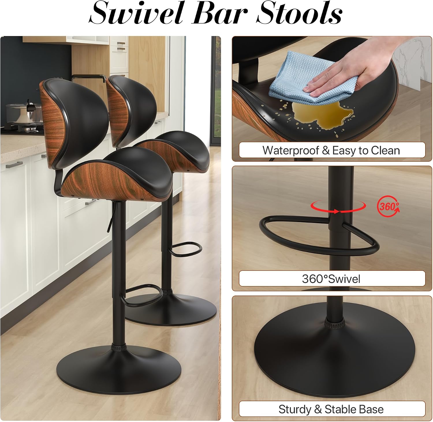 Black PU Adjustable Swivel Bar Stools Set of 4