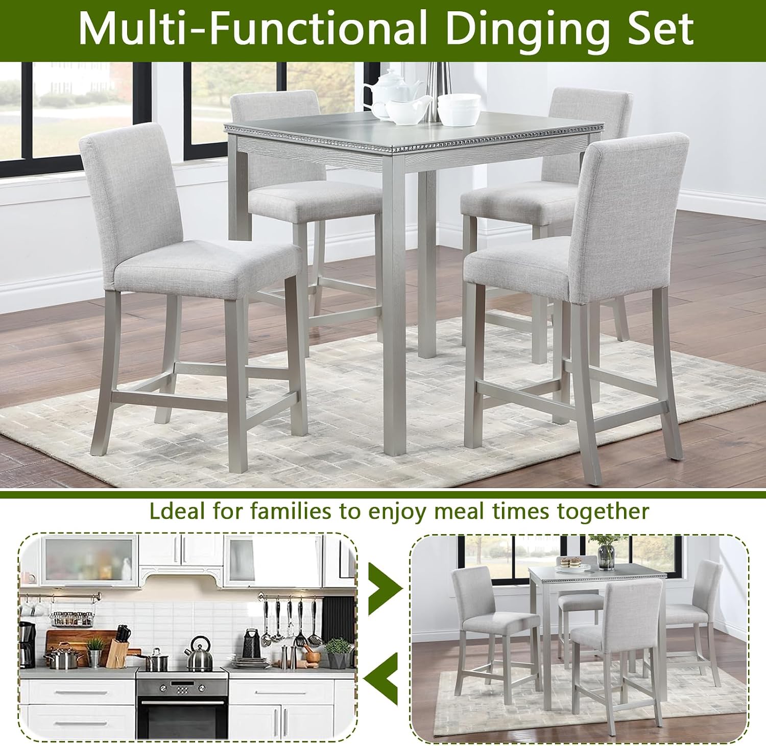 Silver Grey Crystal Counter Height Dining Set