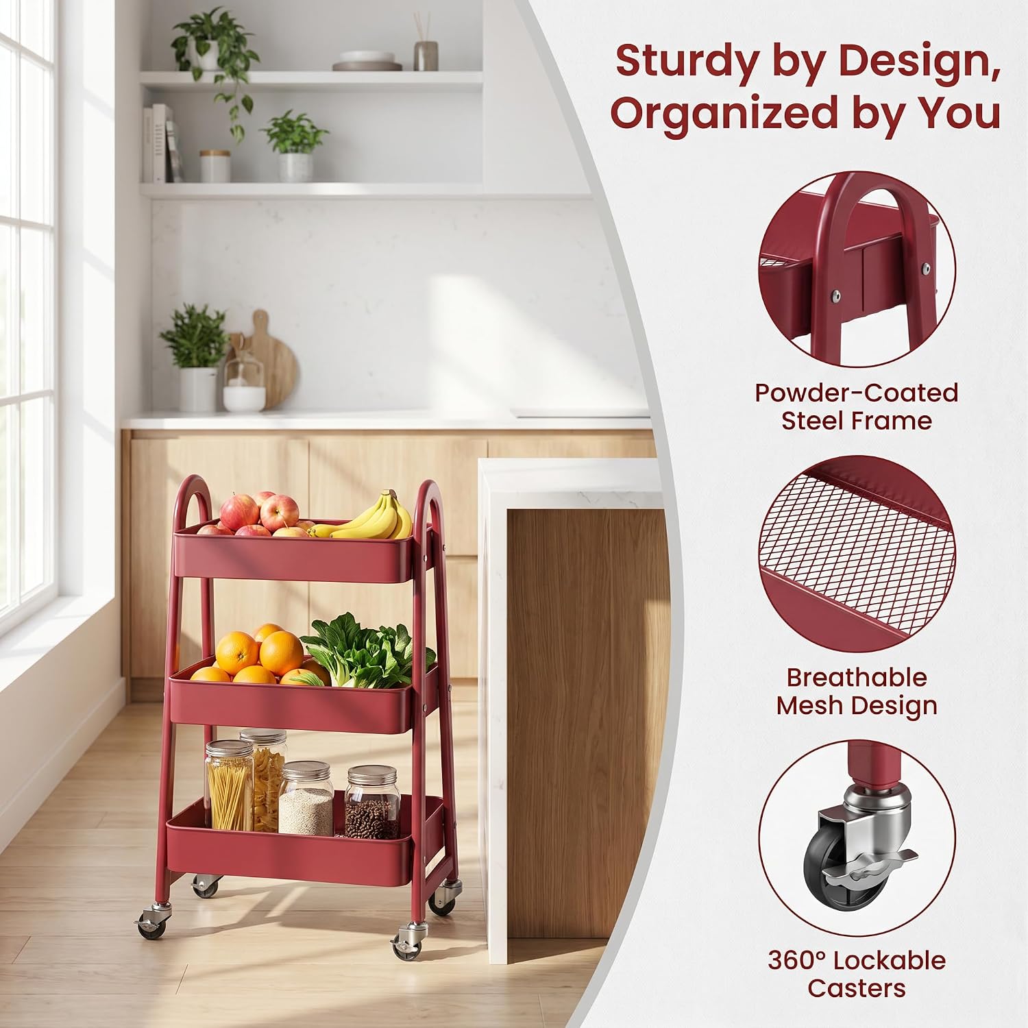 Red 3-Tier Rolling Storage Cart