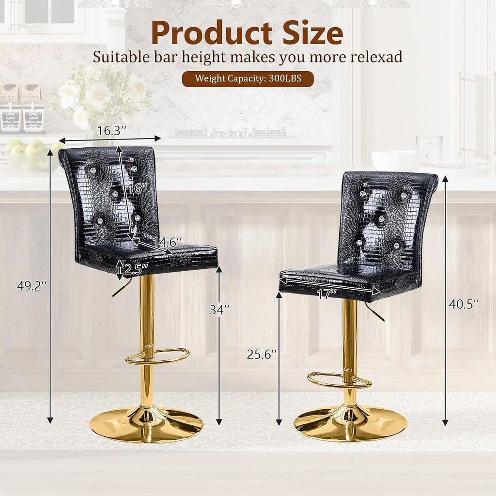 Black Adjustable Gold Leg Bar Stools Set 2