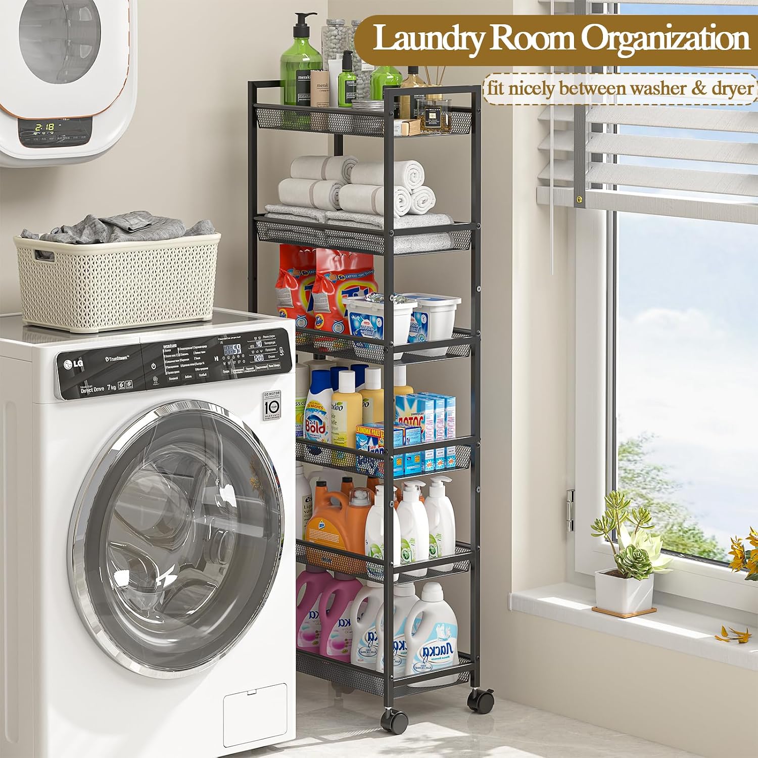 Black 6-Tier Wire Slim Rolling Storage Cart