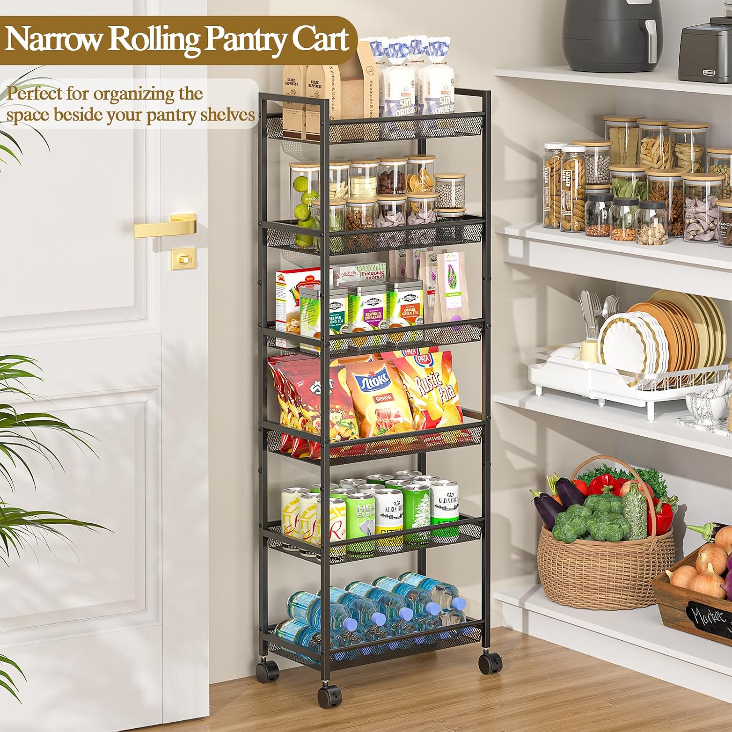 Black 6-Tier Wire Slim Rolling Storage Cart
