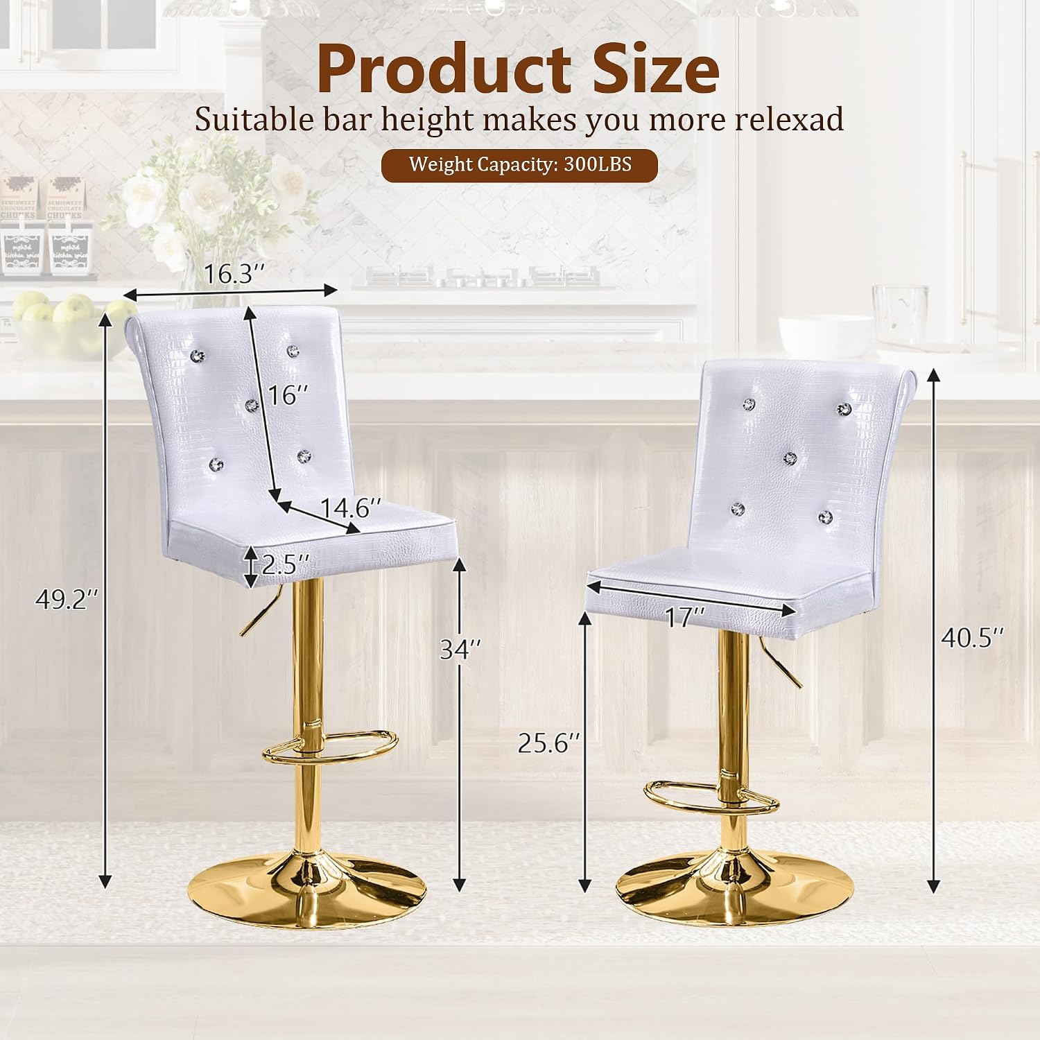 White Gold Leg Tufted Bar Stools Set 4