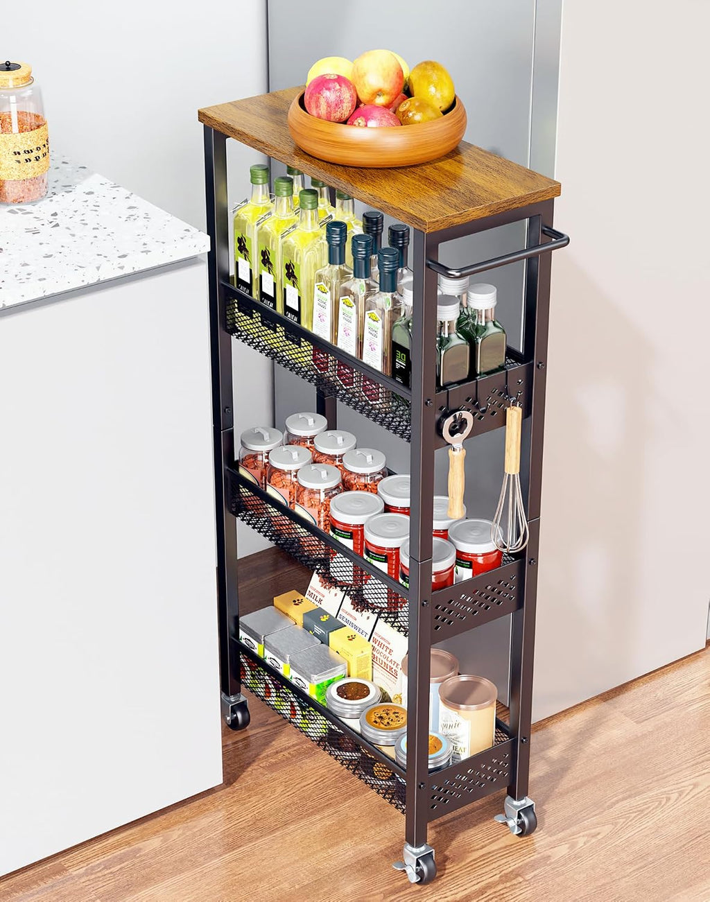 Wood Top 4-Tier Rolling Slim Storage Cart