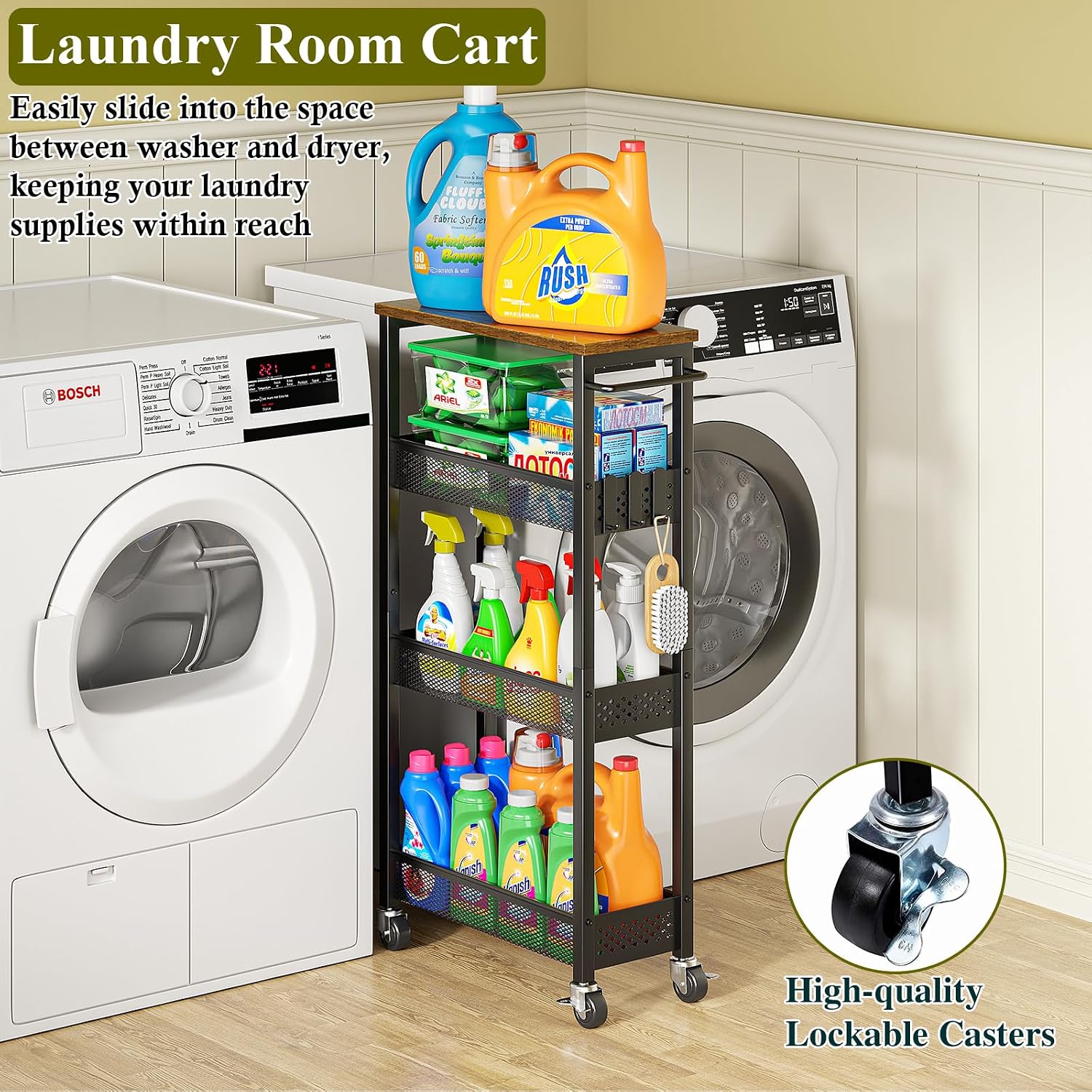 Wood Top 4-Tier Rolling Slim Storage Cart