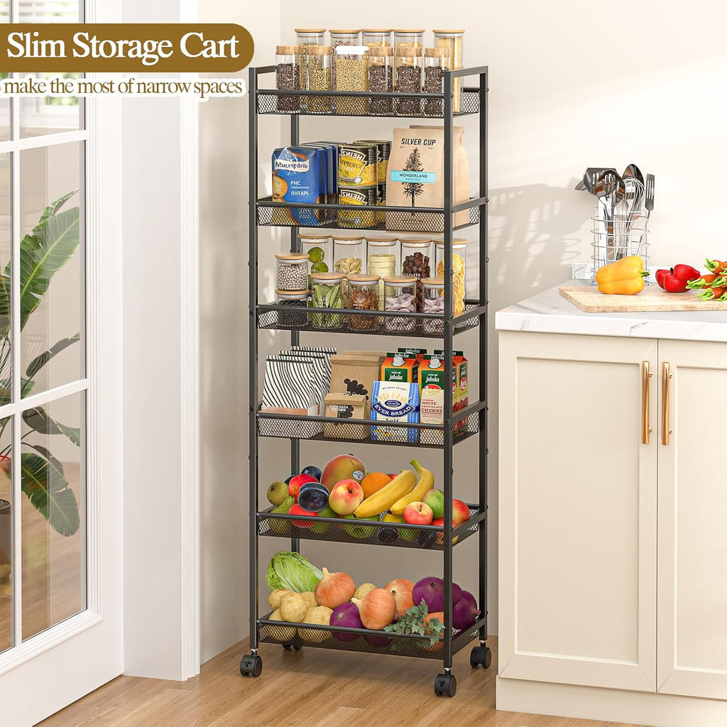Black 6-Tier Wire Slim Rolling Storage Cart