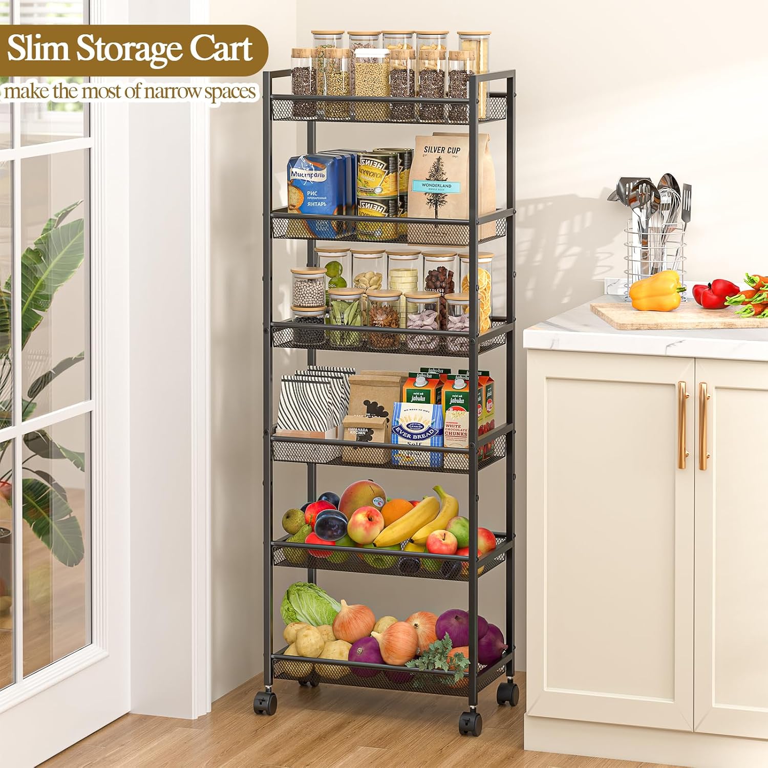 Black 6-Tier Wire Slim Rolling Storage Cart