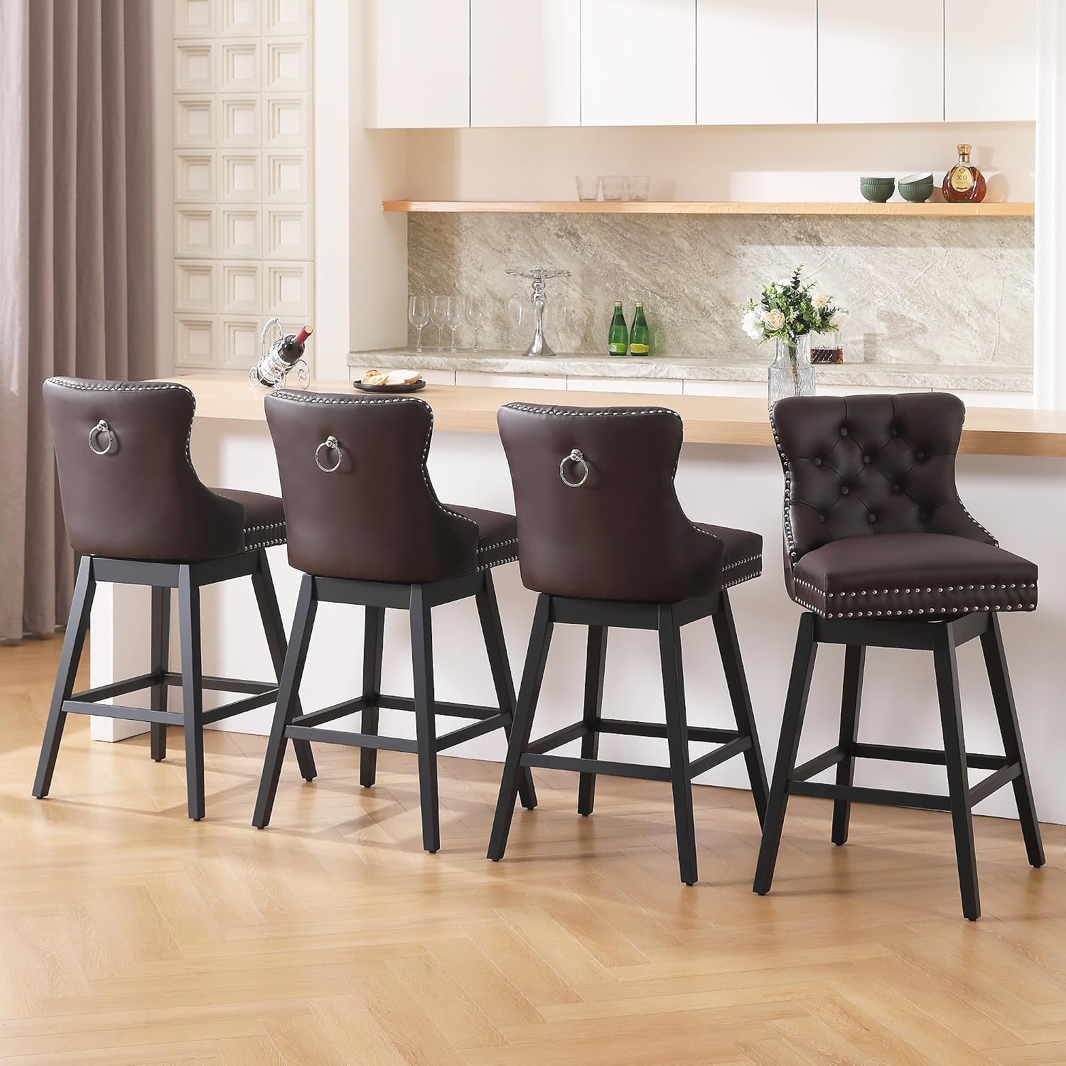 Brown Swivel Tufted Counter Bar Stools Set of 4