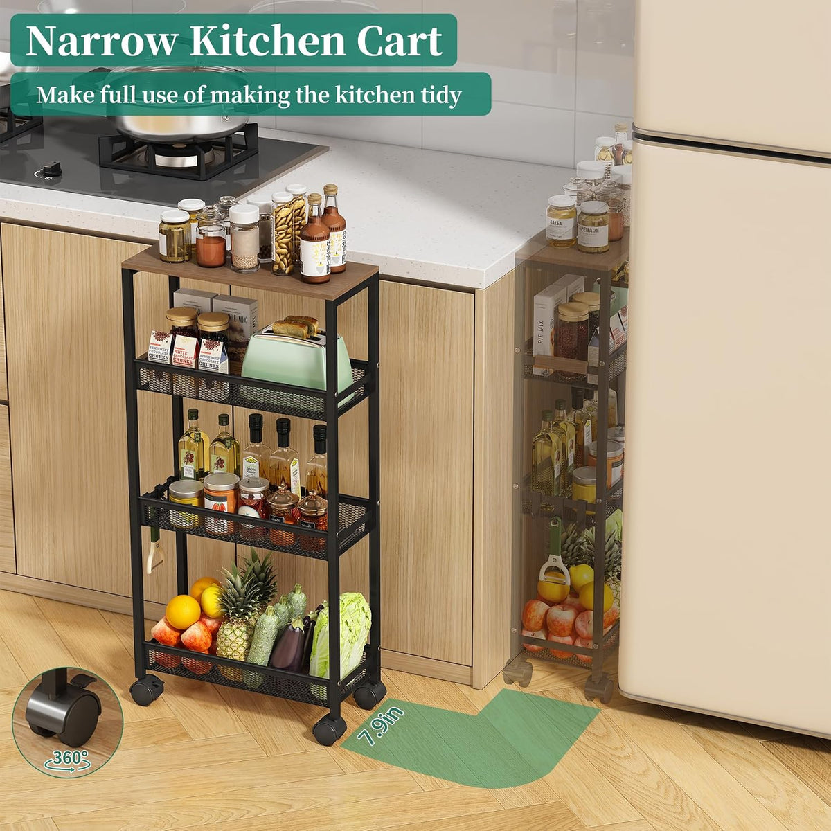 Black 4-Tier Rolling Slim Storage Cart