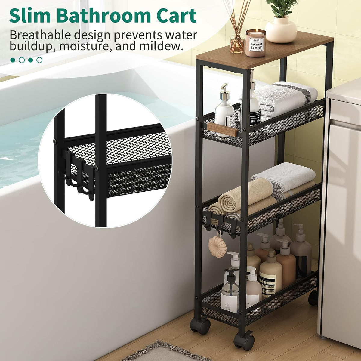 Black 4-Tier Rolling Slim Storage Cart