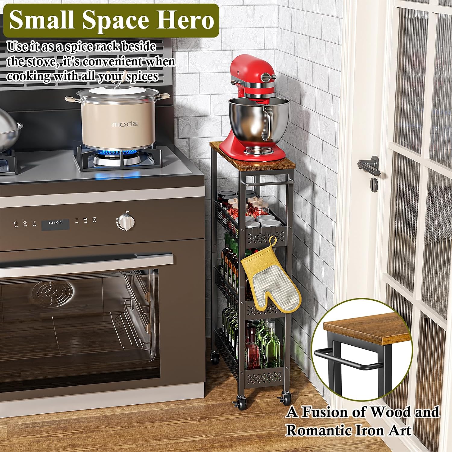 Wood Top 4-Tier Rolling Slim Storage Cart
