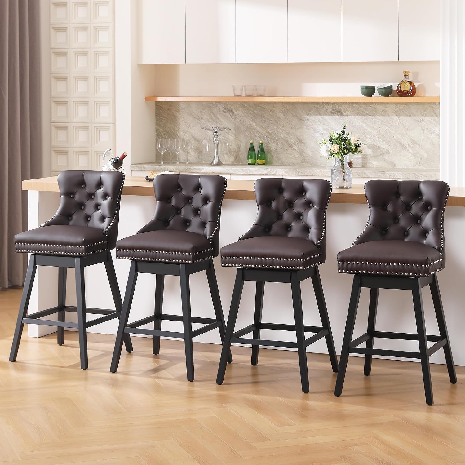 Brown Swivel Tufted Counter Bar Stools Set of 4