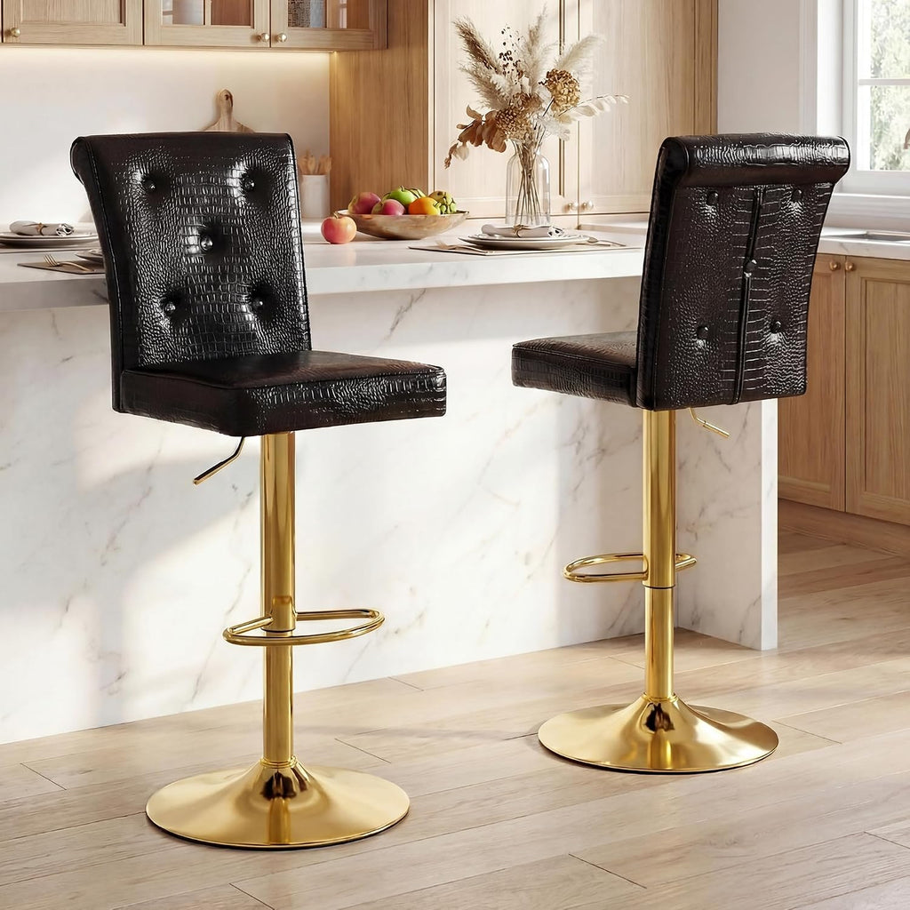 Black Adjustable Gold Leg Bar Stools Set 2