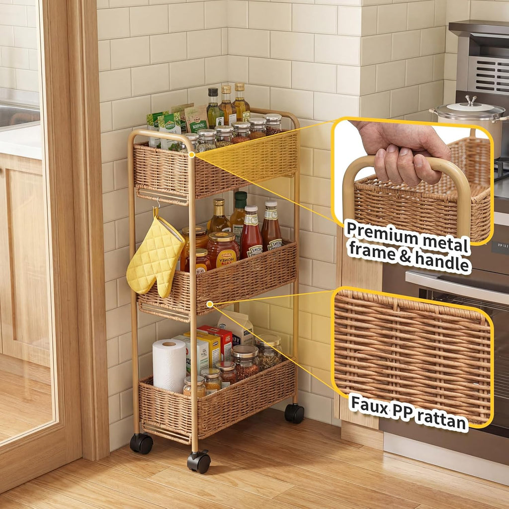Natural 3-Tier Slim Rolling Storage Cart