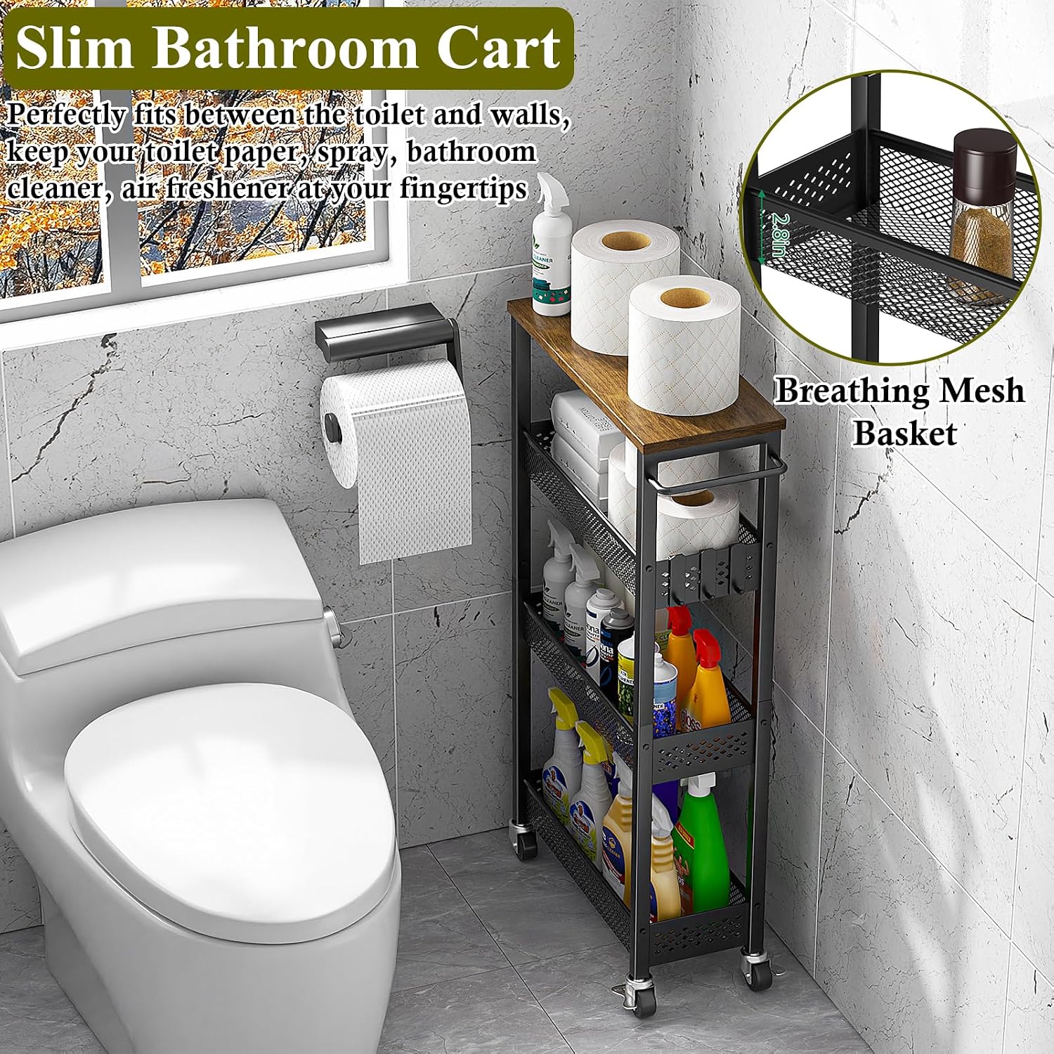 Wood Top 4-Tier Rolling Slim Storage Cart