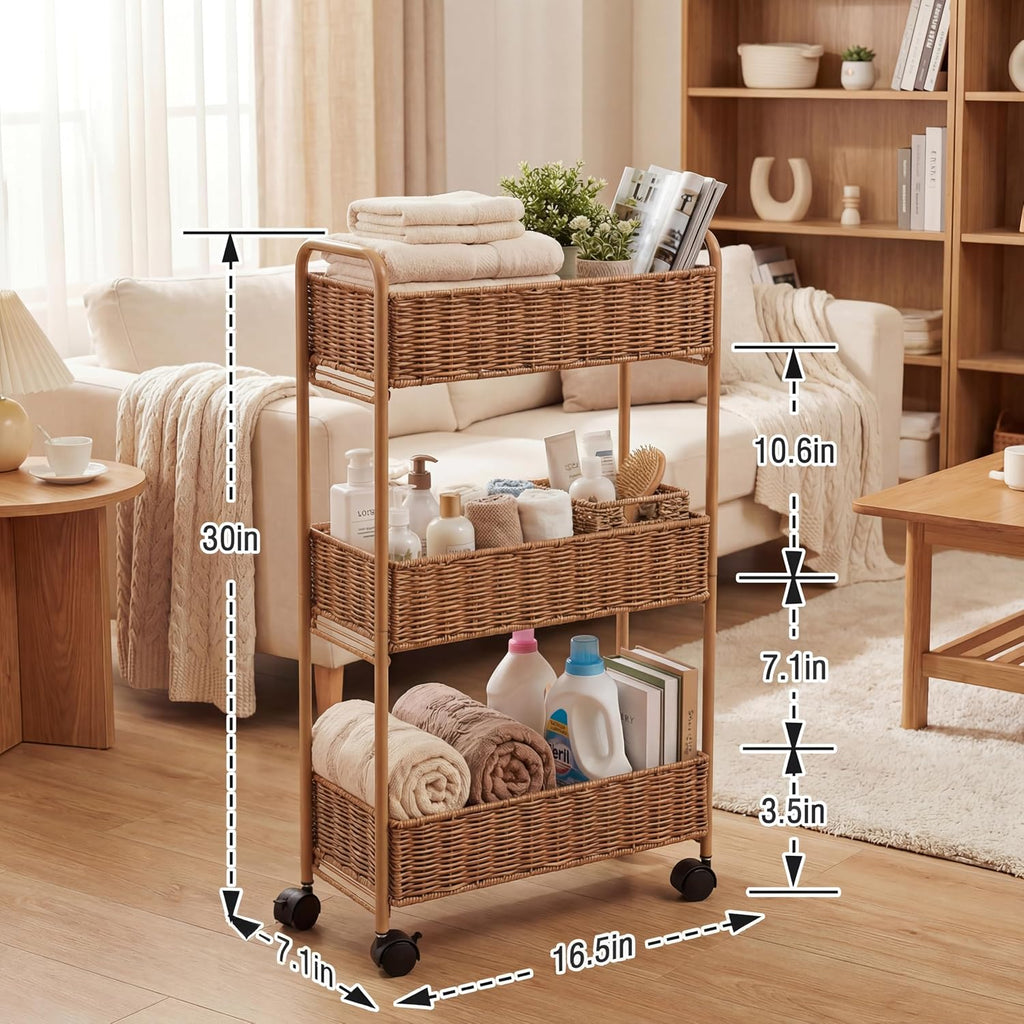 Natural 3-Tier Slim Rolling Storage Cart