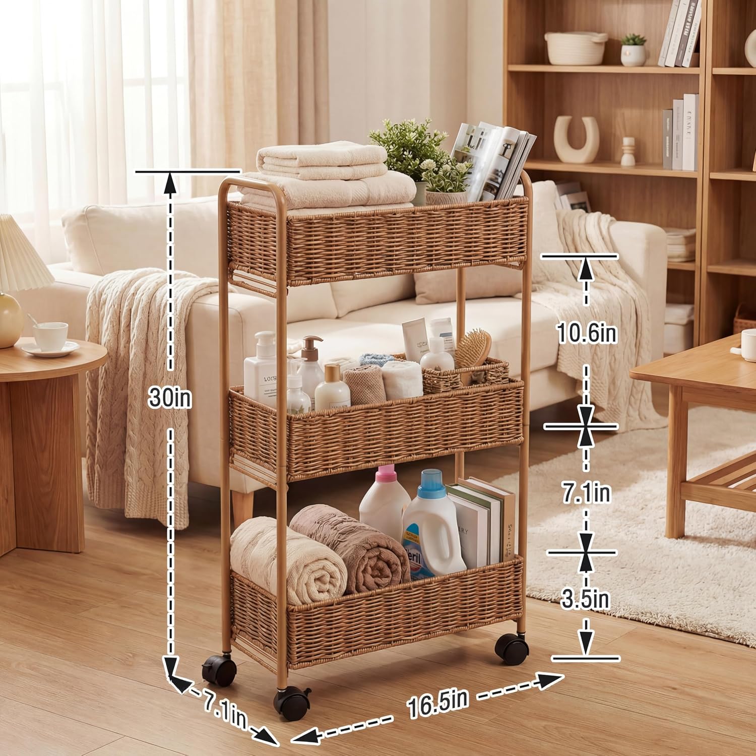 Natural 3-Tier Slim Rolling Storage Cart